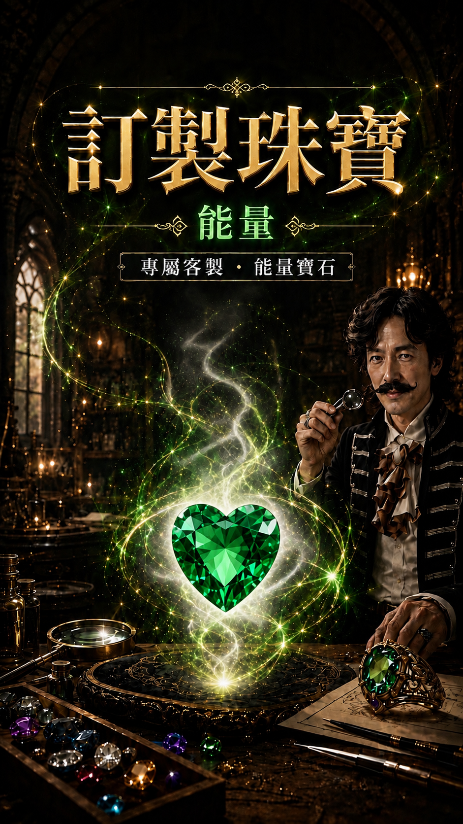 鑽石公爵以放大鏡檢視祖母綠能量寶石